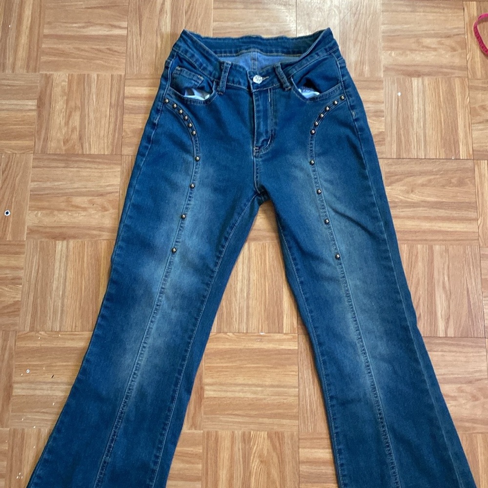 bootcut high rise jeans with beaded detailing